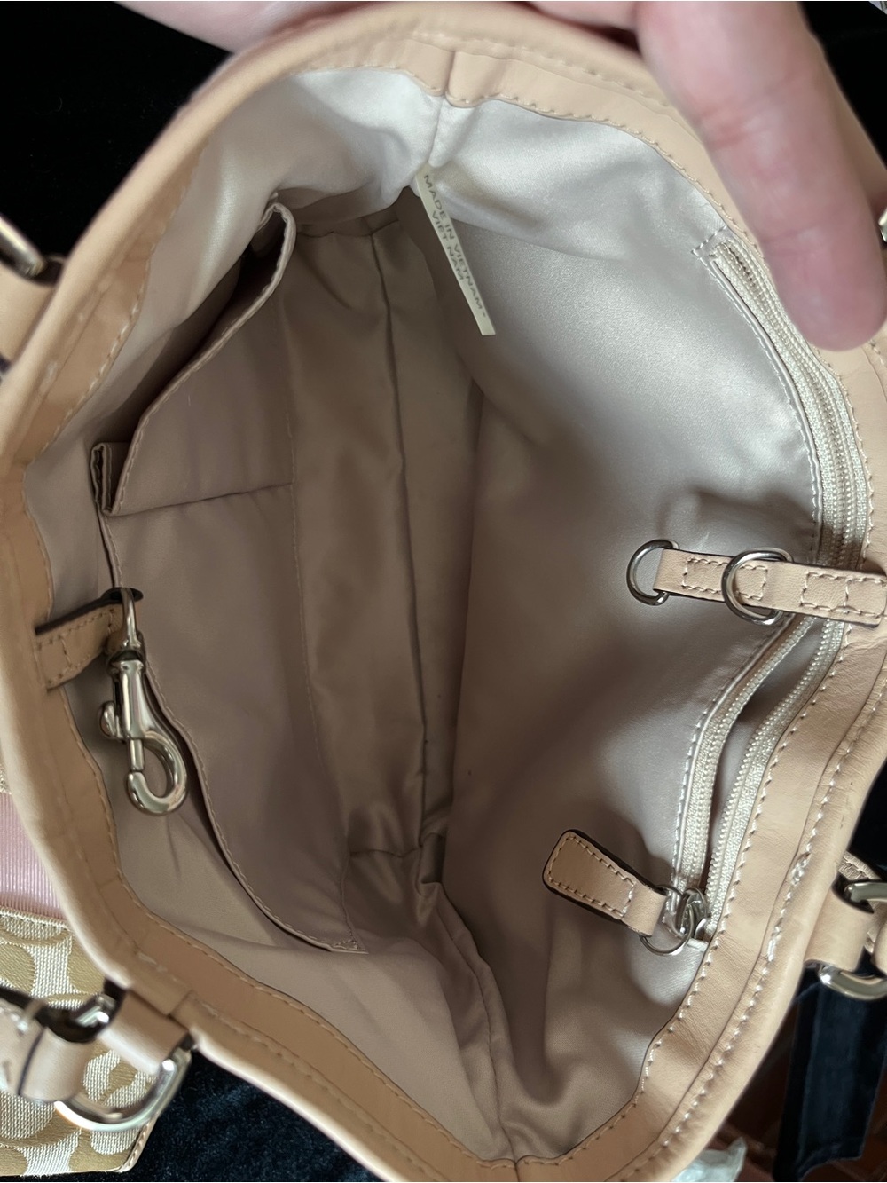 Vintage SIGNATURE STRIPE TOP HANDLE TOTE COACH KHAKI/SHELL PINK w/Wristlet - Picture 8 of 12